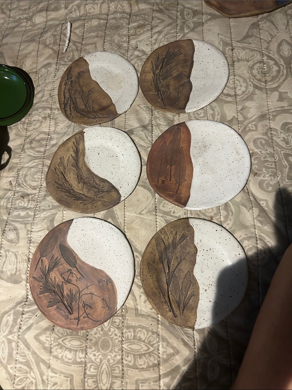 Handmade Ceramic Botanical Accent Plates - White & Brown